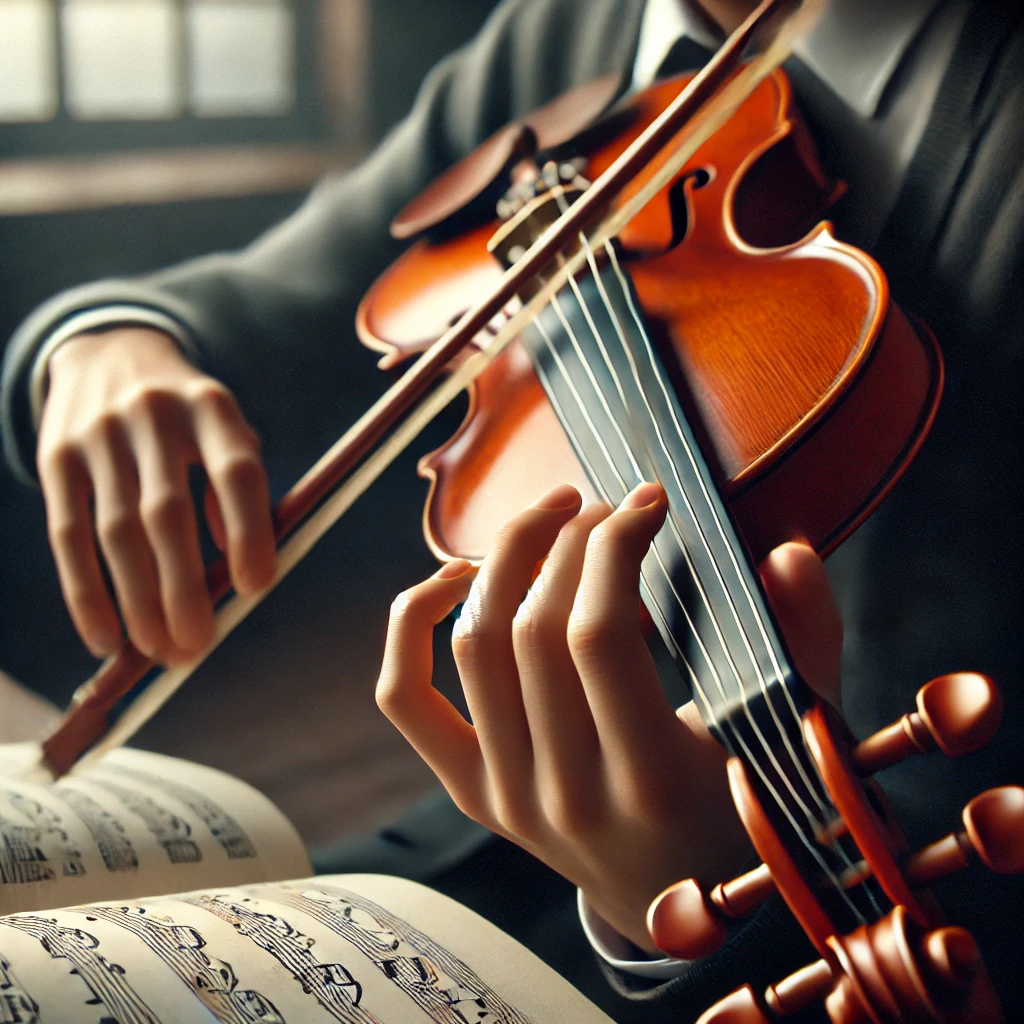 image showing a violin student practicing while reading sheet music, with a close-up focus on the hands and violin