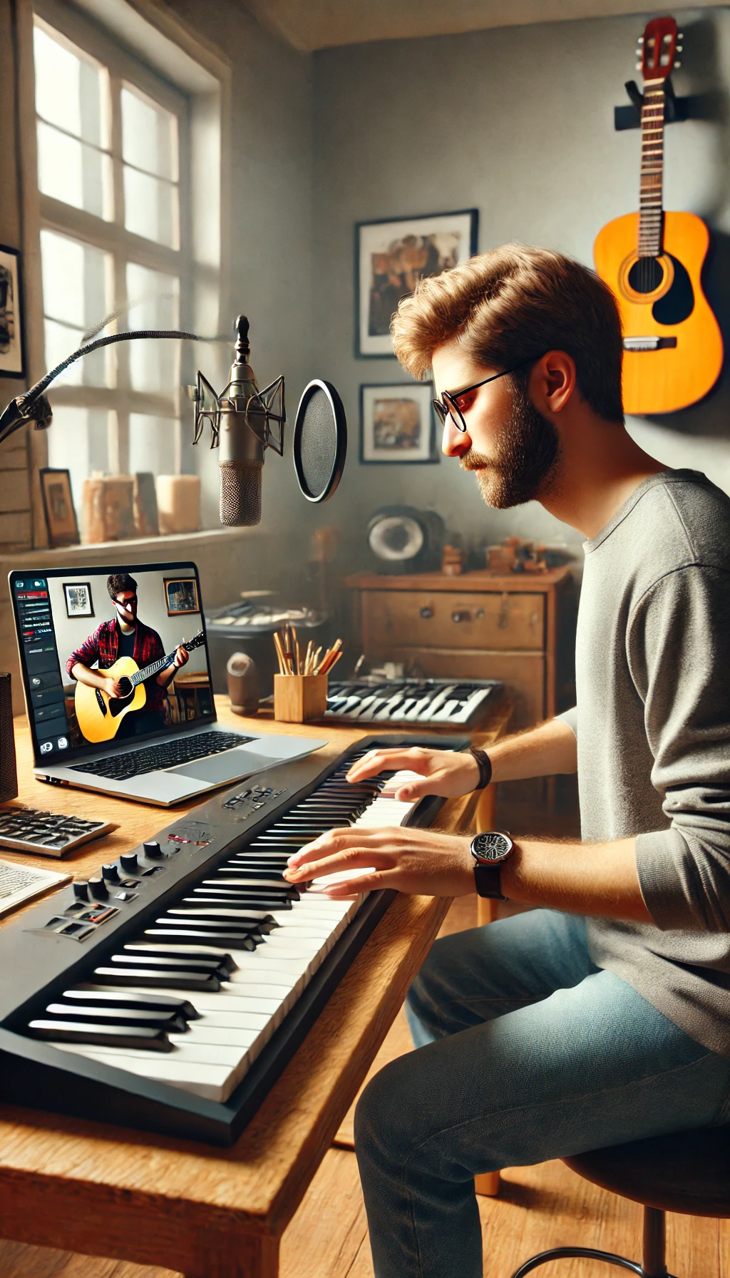 music teacher sitting at home, teaching an online lesson